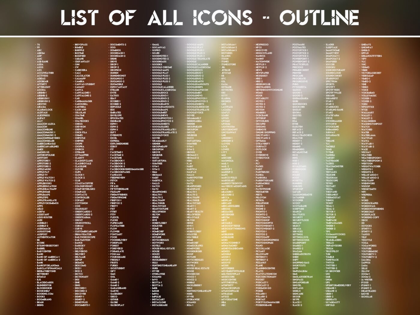 List of the Outline Icons of the Ancient Redwoods Icon Pack