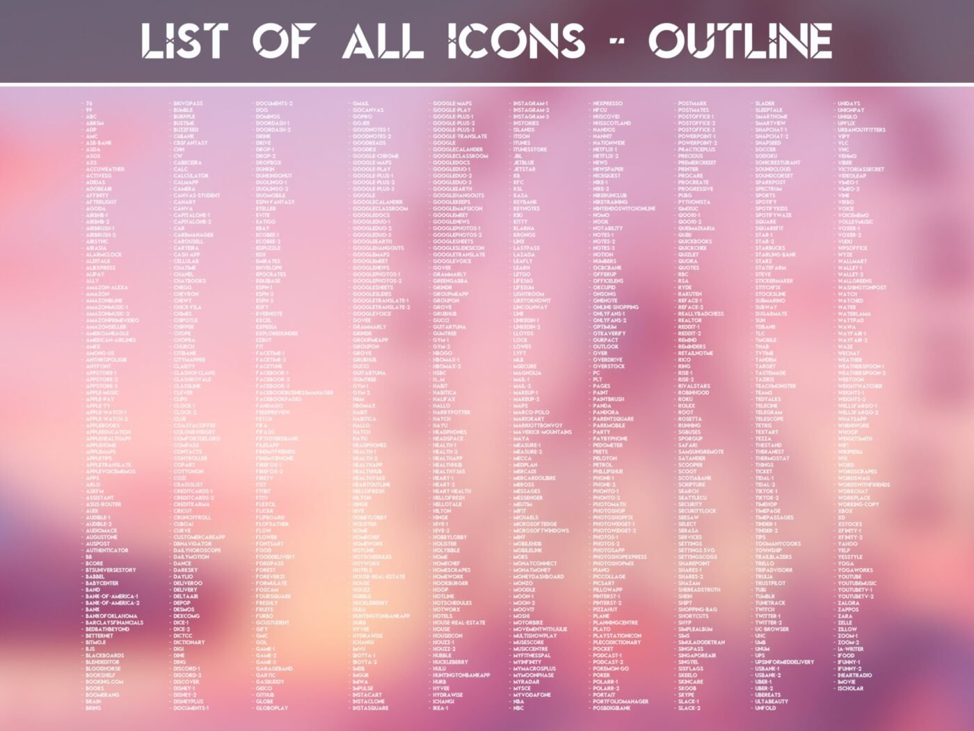 List of the Outline Icons of the Cotton Candy Themed Icon Pack