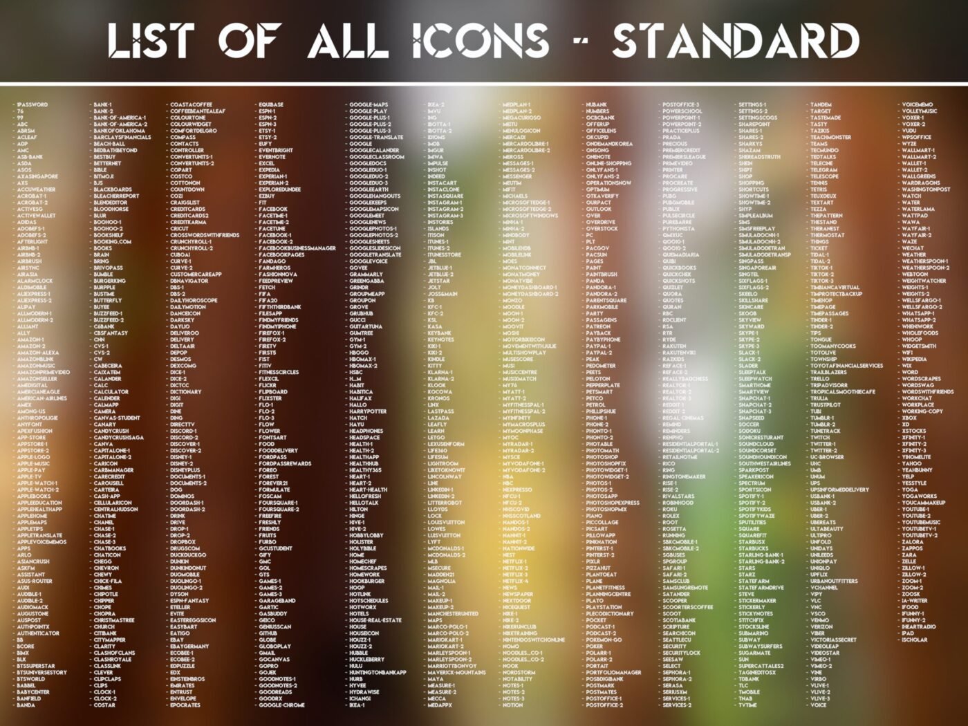 List of the Standard Icons of the Ancient Redwoods Icon Pack