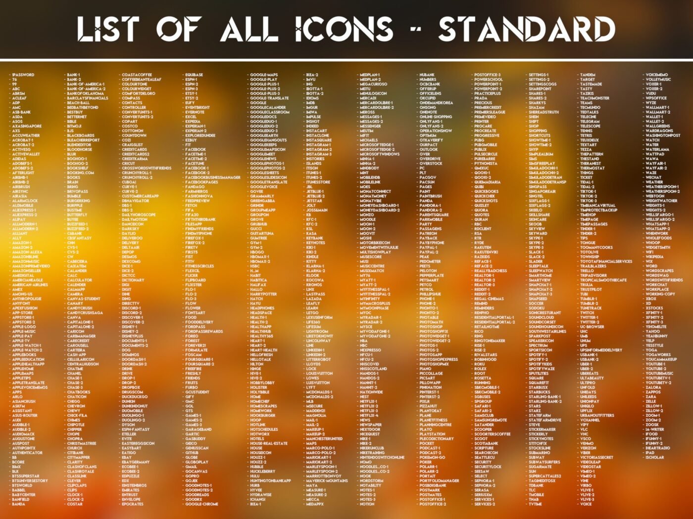 List of the Standard Icons of the Fall Season Icon Pack
