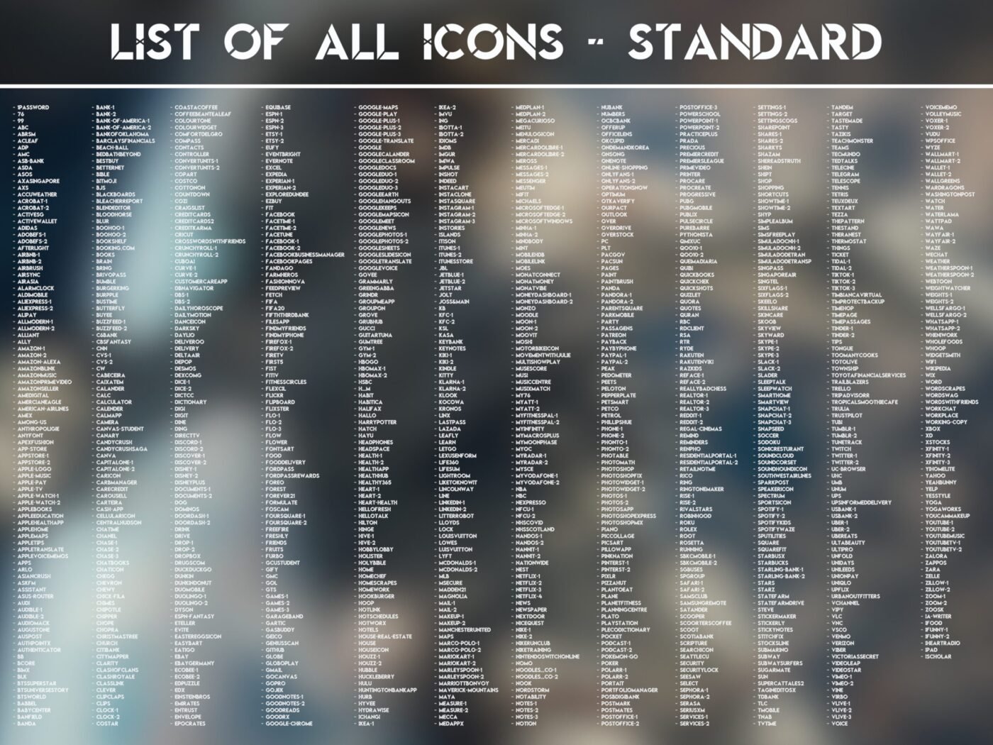 List of the Standard Icons of the Lunar Astronaut Icon Pack