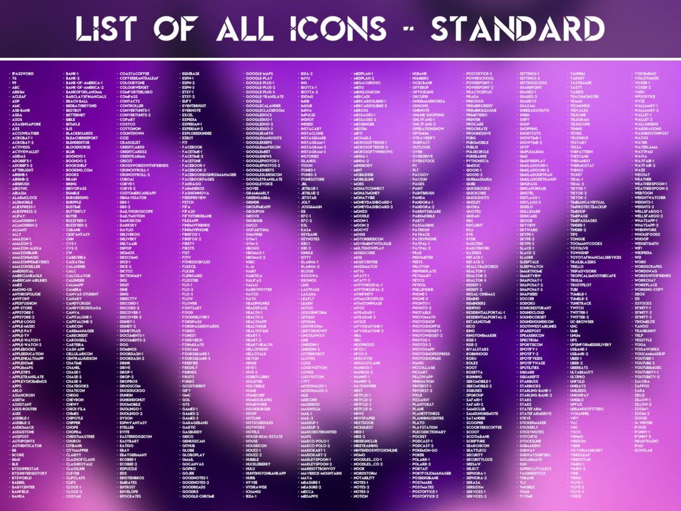 List of the Standard Icons of the Magical Witch Icon Pack