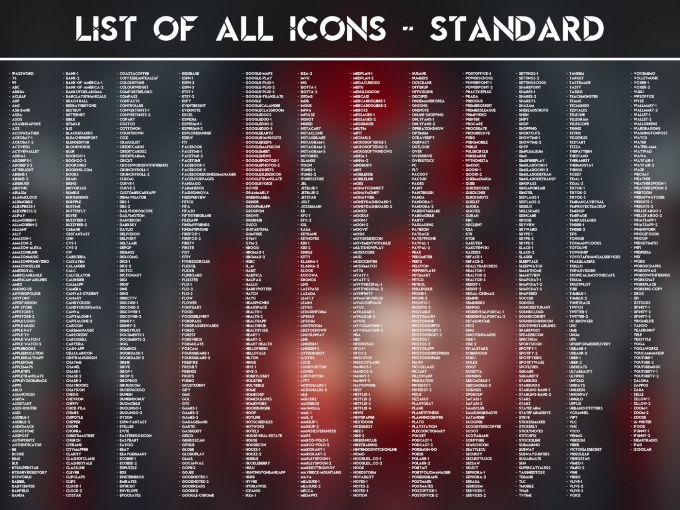List of the Standard Icons of the Vampire Icon Pack