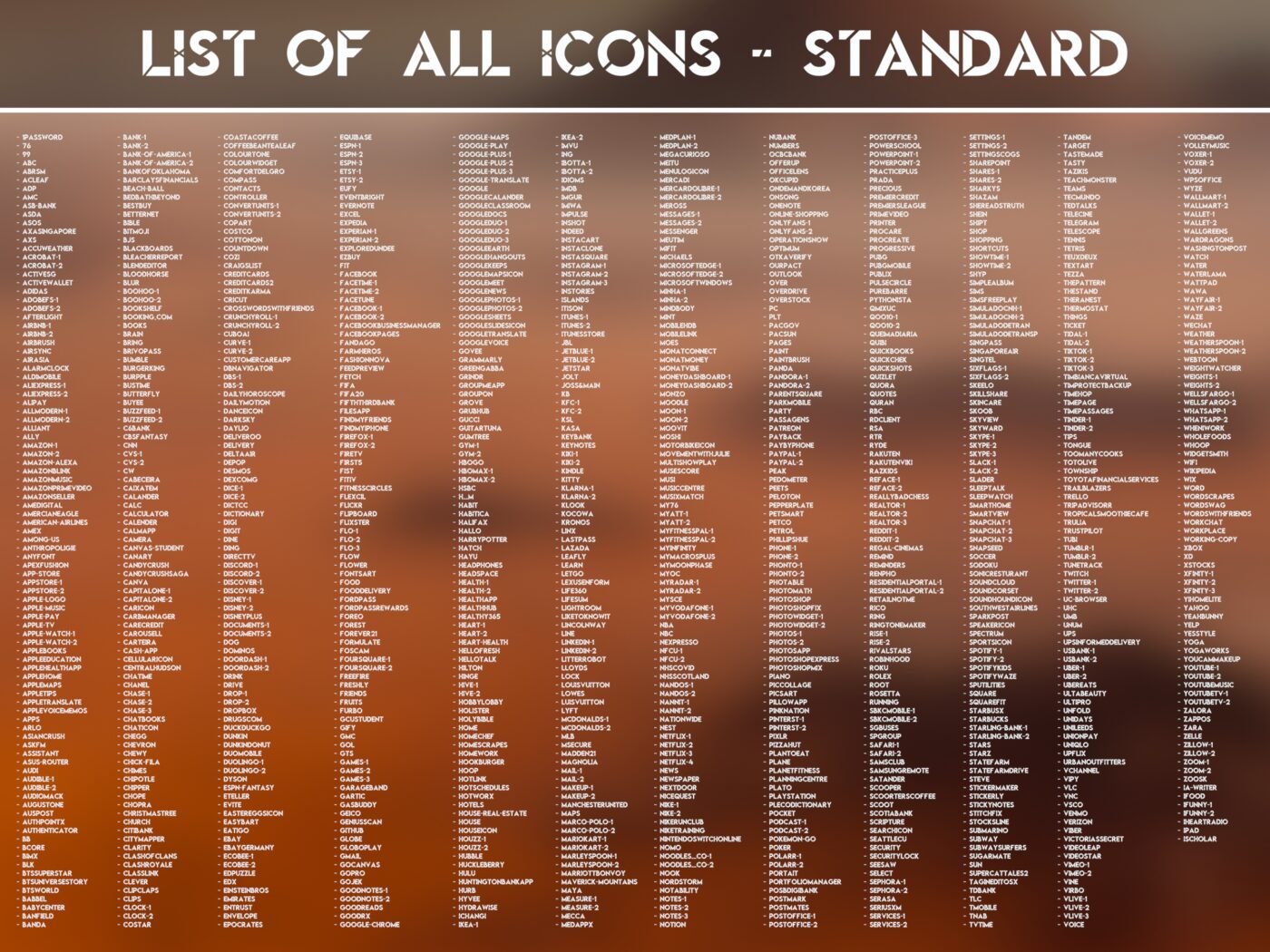 List of the Standard Icons of the Mars Rover Icon Pack
