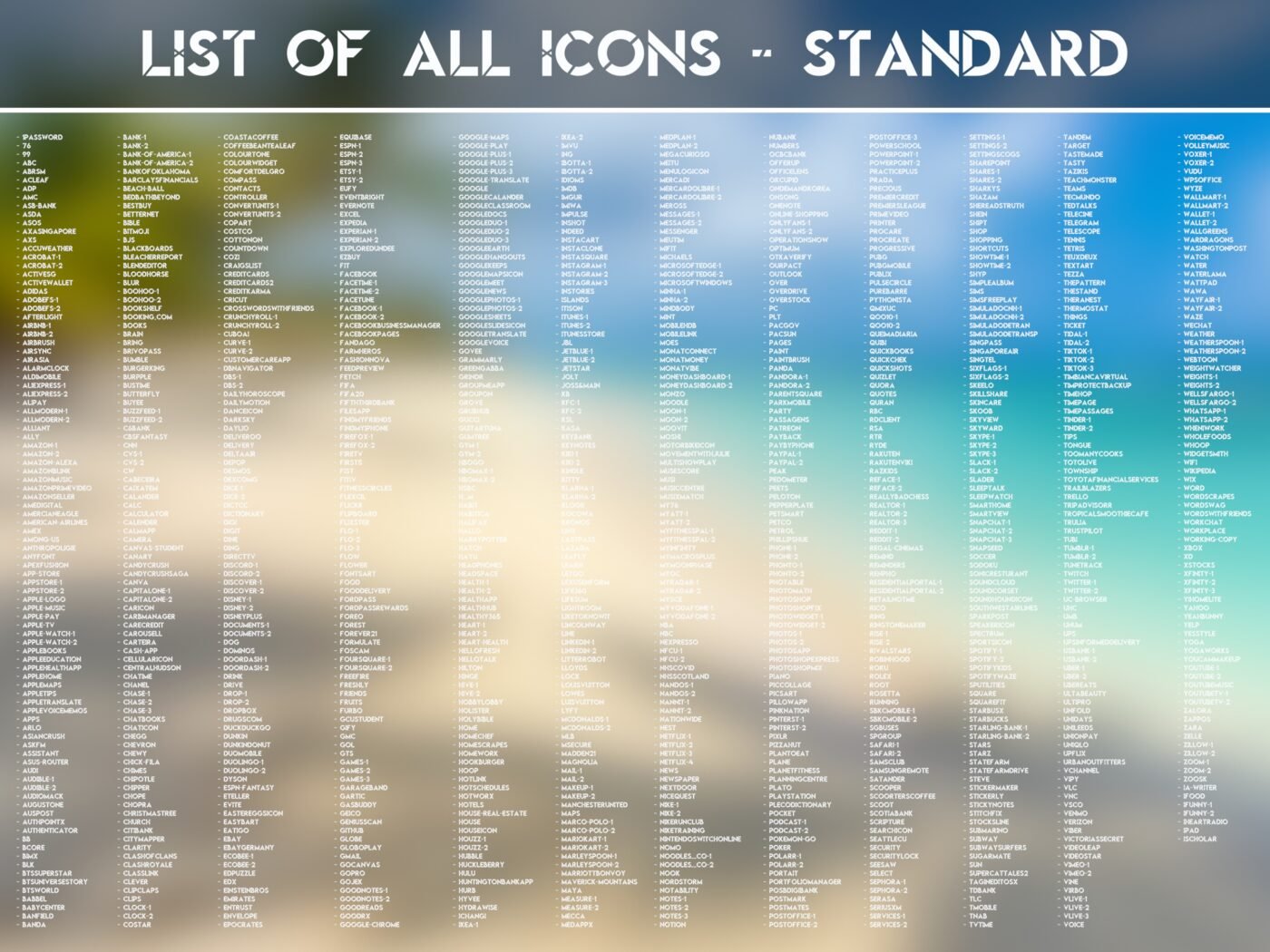 List of the Standard Icons of the Tropical Beach Icon Pack