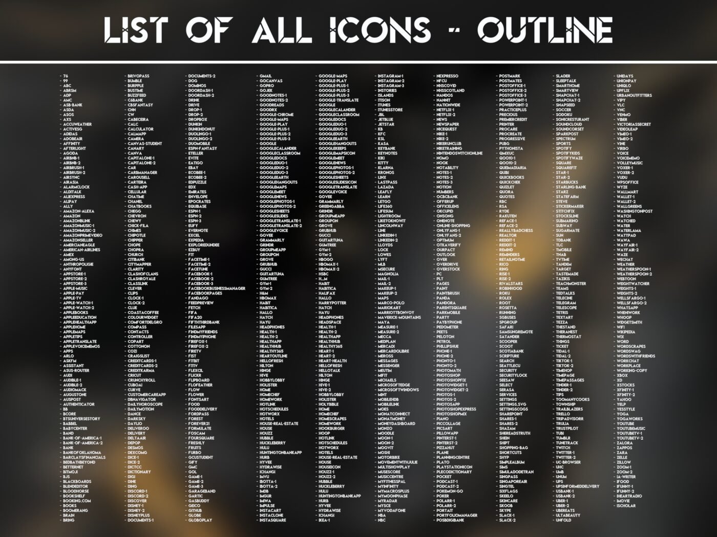 List of the Outline Icons of the Pearl Marble Icon Pack