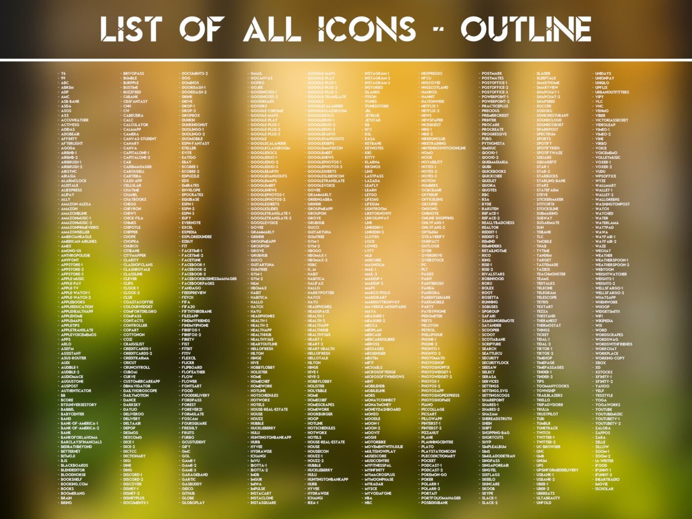List of the Outline Icons of the Polished Amber Icon Pack