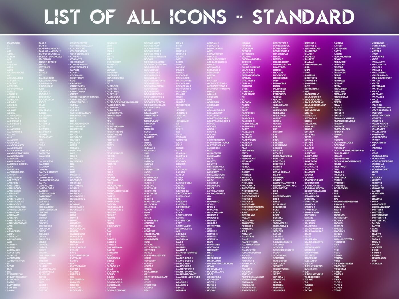 List of the Standard Icons of the Blooming Violets Icon Pack