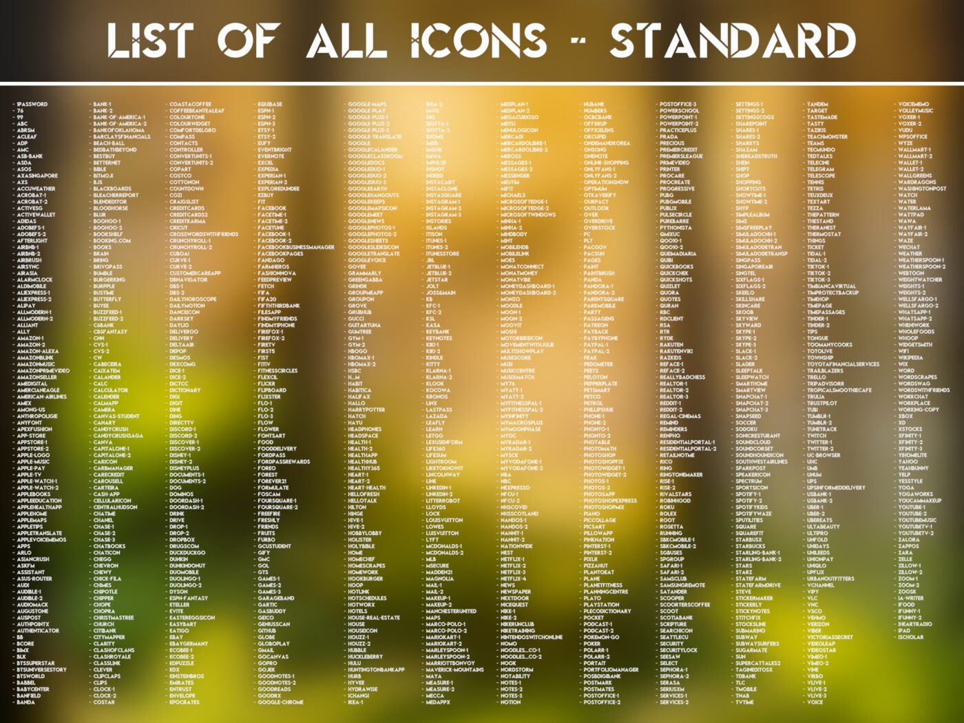 List of the Standard Icons of the Polished Amber Icon Pack