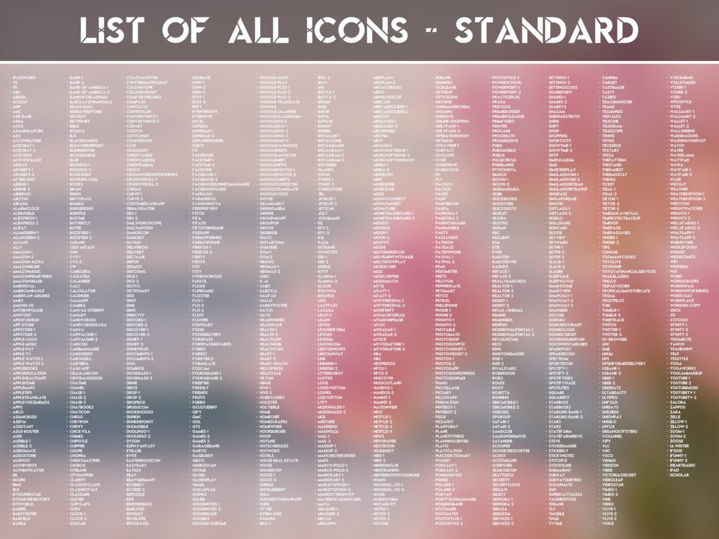 List of the Standard Icons of the Sunlit Tulips Icon Pack