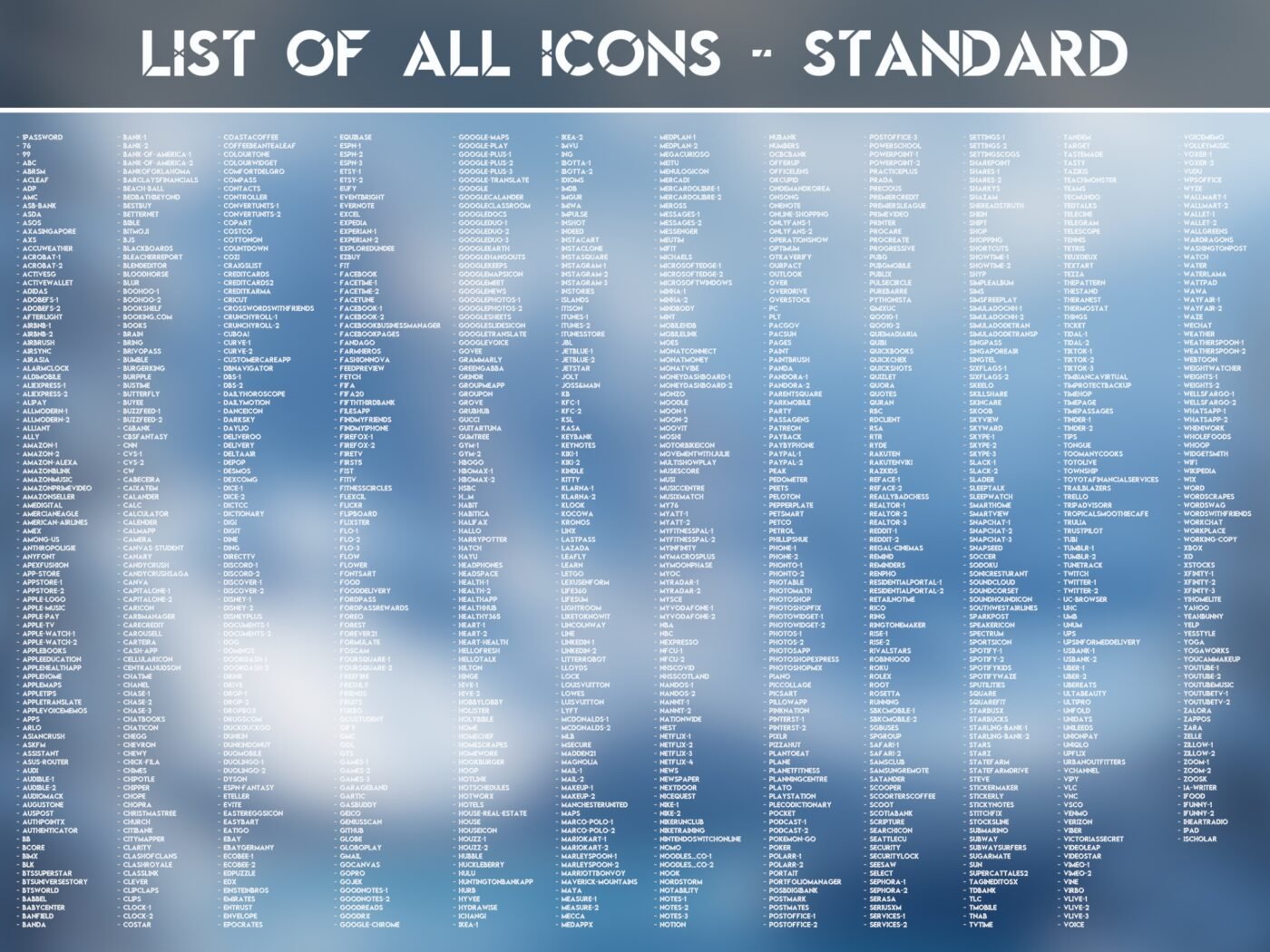 List of the Standard Icons of the Winter Season Icon Pack