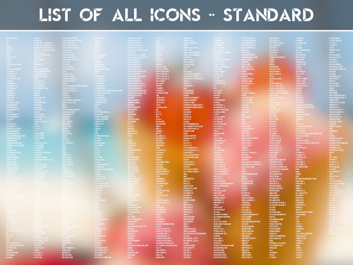 List of the Standard Icons of the Ice Cream Icon Pack
